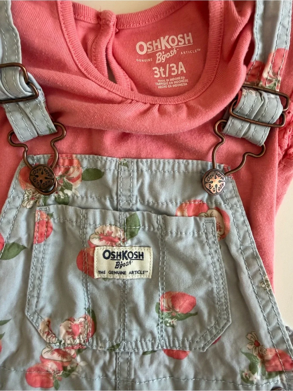 OshKosh B'gosh Girls 3T Pink Embroidered Tee with Light Blue Peach Shortall Set
